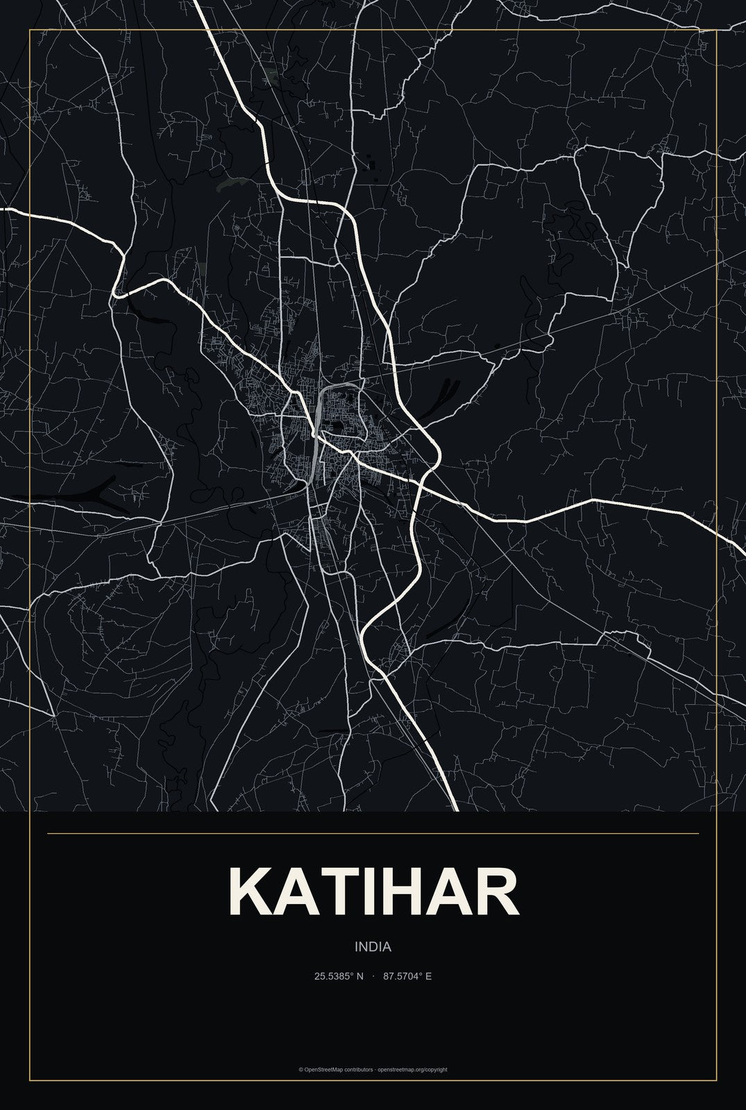 Katihar, India City Map Aluminum Sign in Metropolitan Noir style