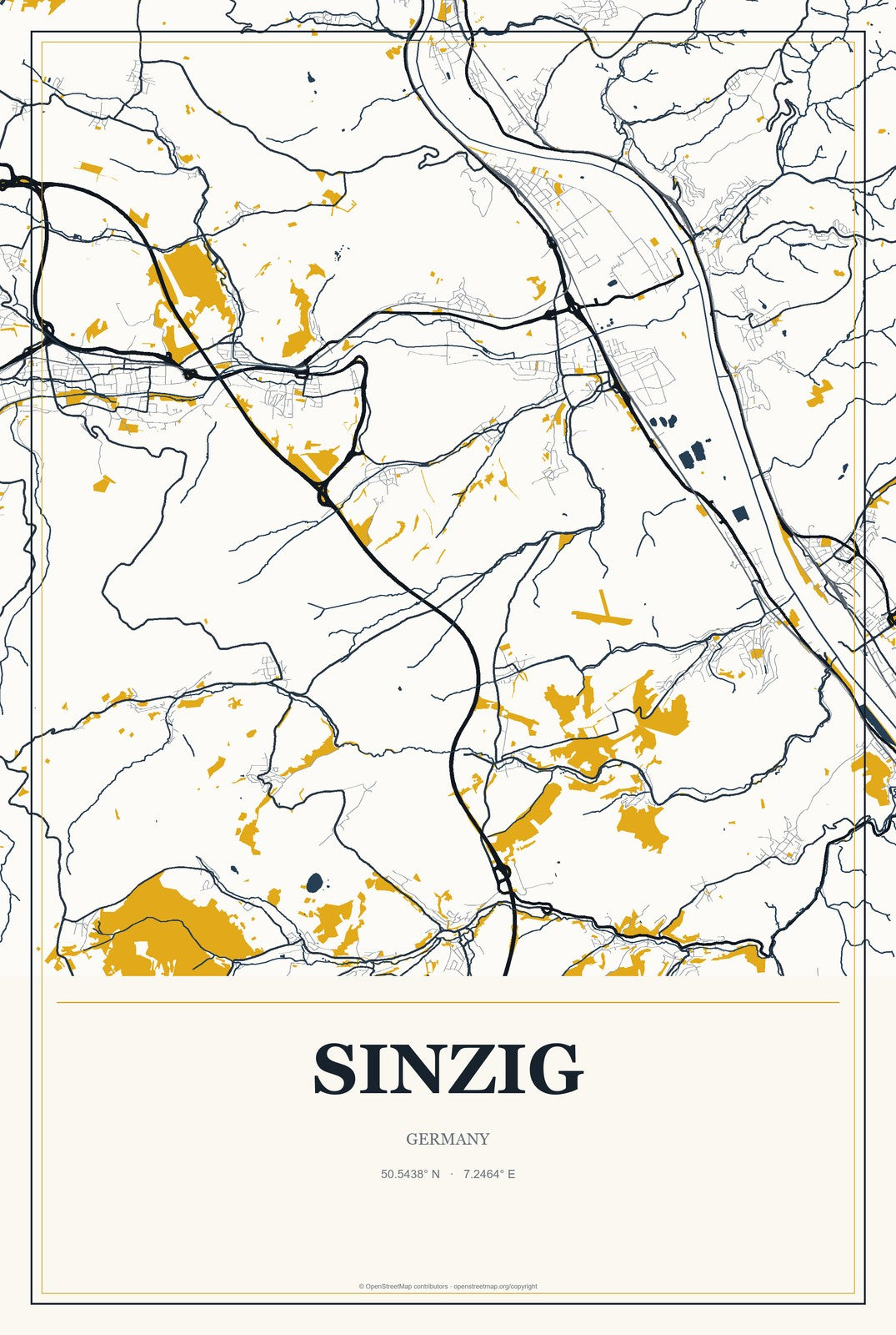 Sinzig, Germany City Map Aluminum Sign in Citrine Modern style