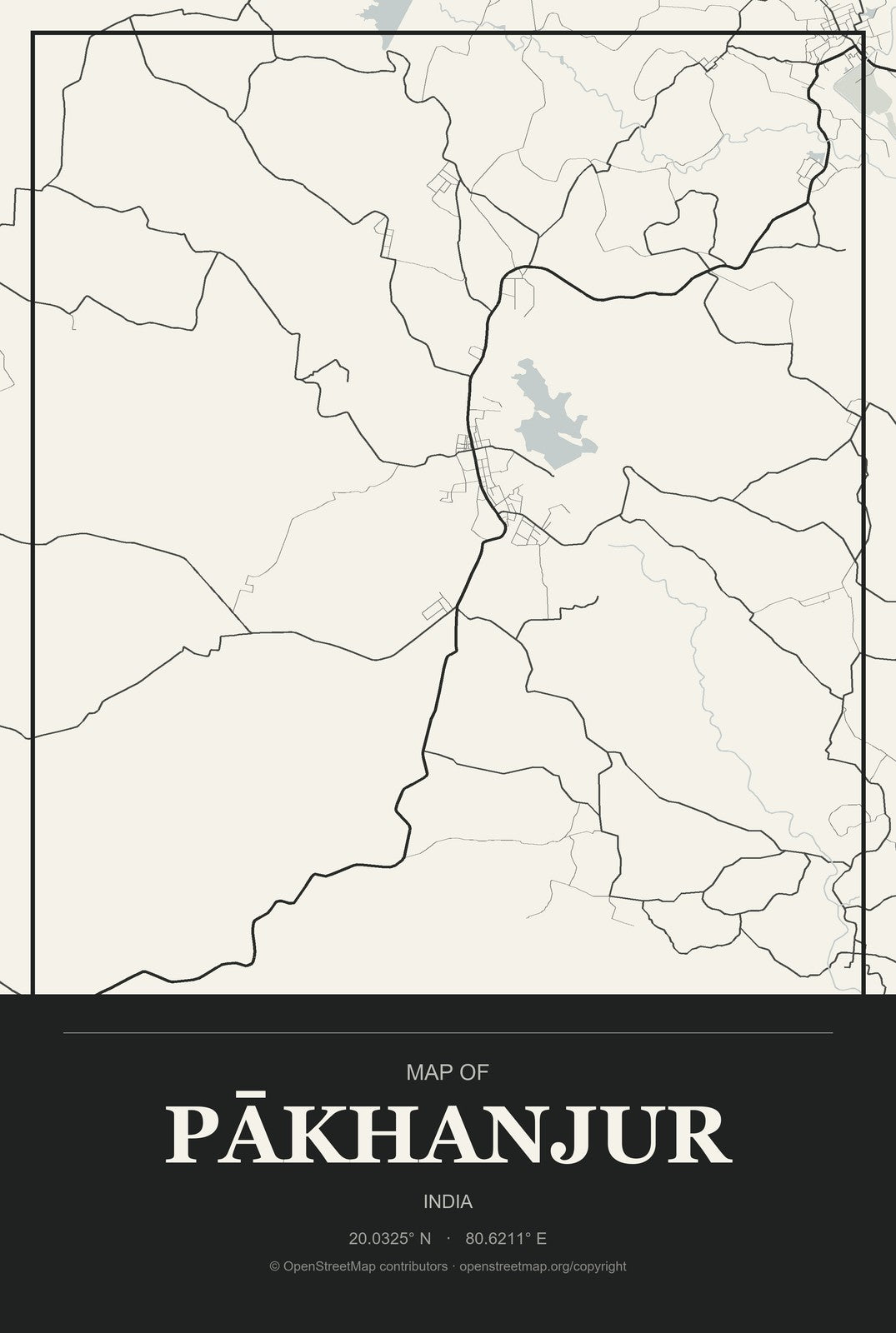 Pākhanjur, India City Map Aluminum Sign in Museum Plaque style