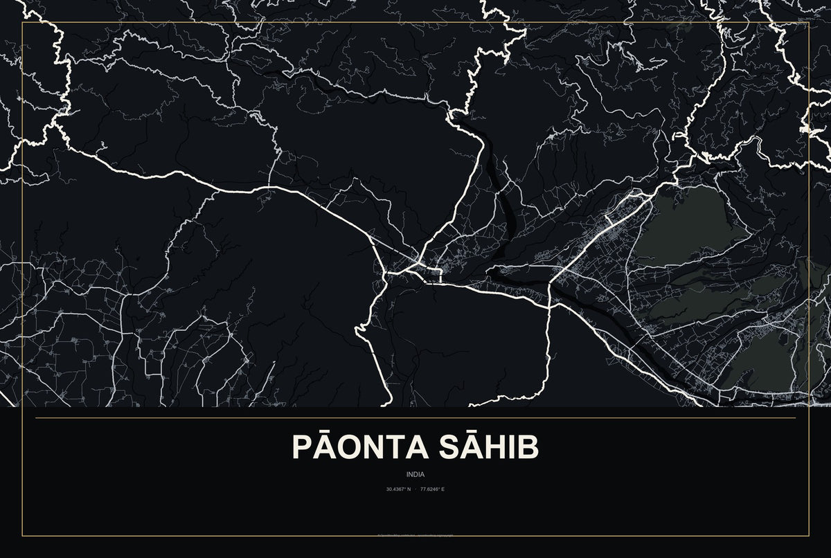 Pāonta Sāhib, India City Map Aluminum Sign in Metropolitan Noir style