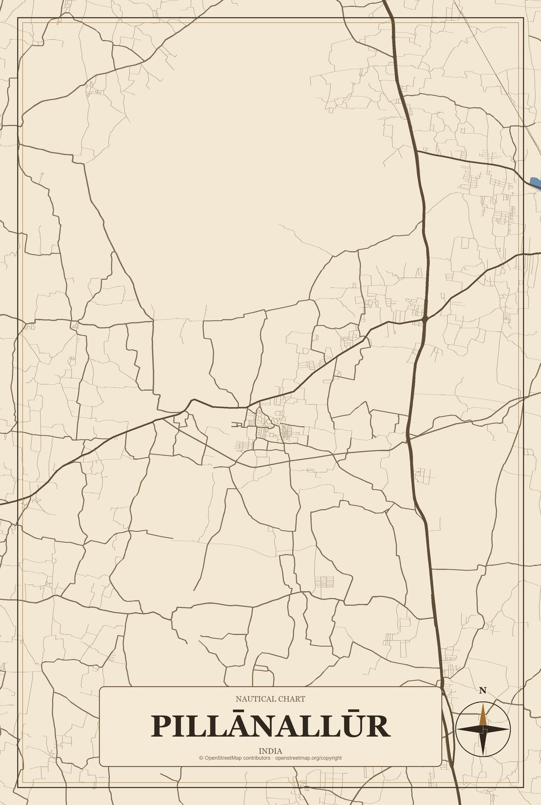 Pillānallūr, India City Map Aluminum Sign in Heritage Nautical style