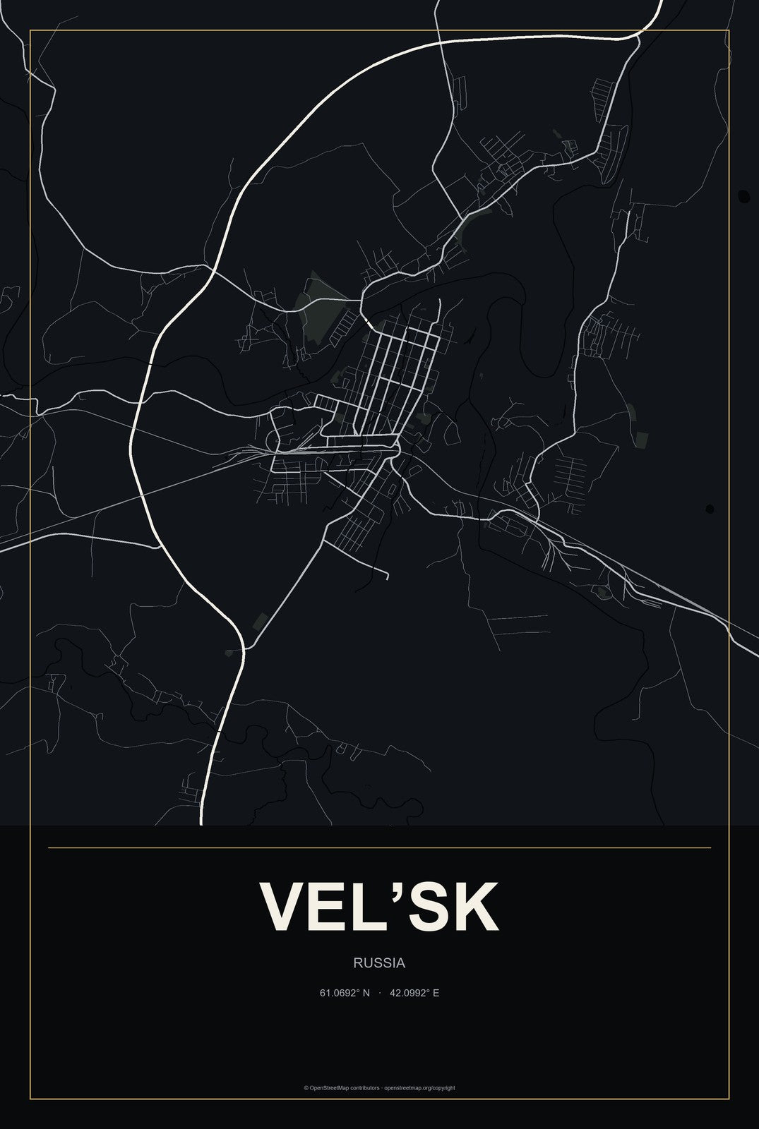Vel’sk, Russia City Map Aluminum Sign in Metropolitan Noir style