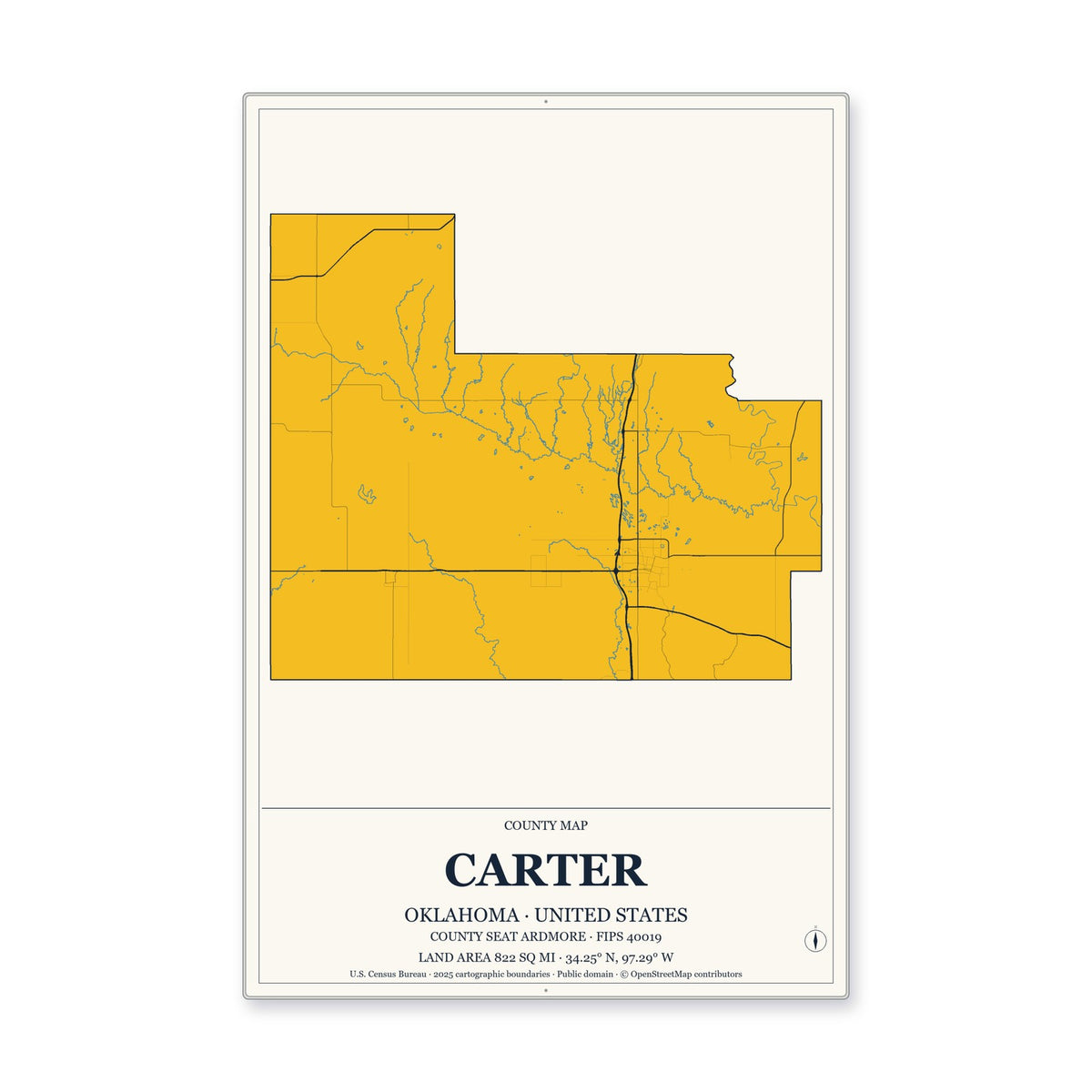 Carter County, Oklahoma Map Aluminum Sign in Citrine Modern style