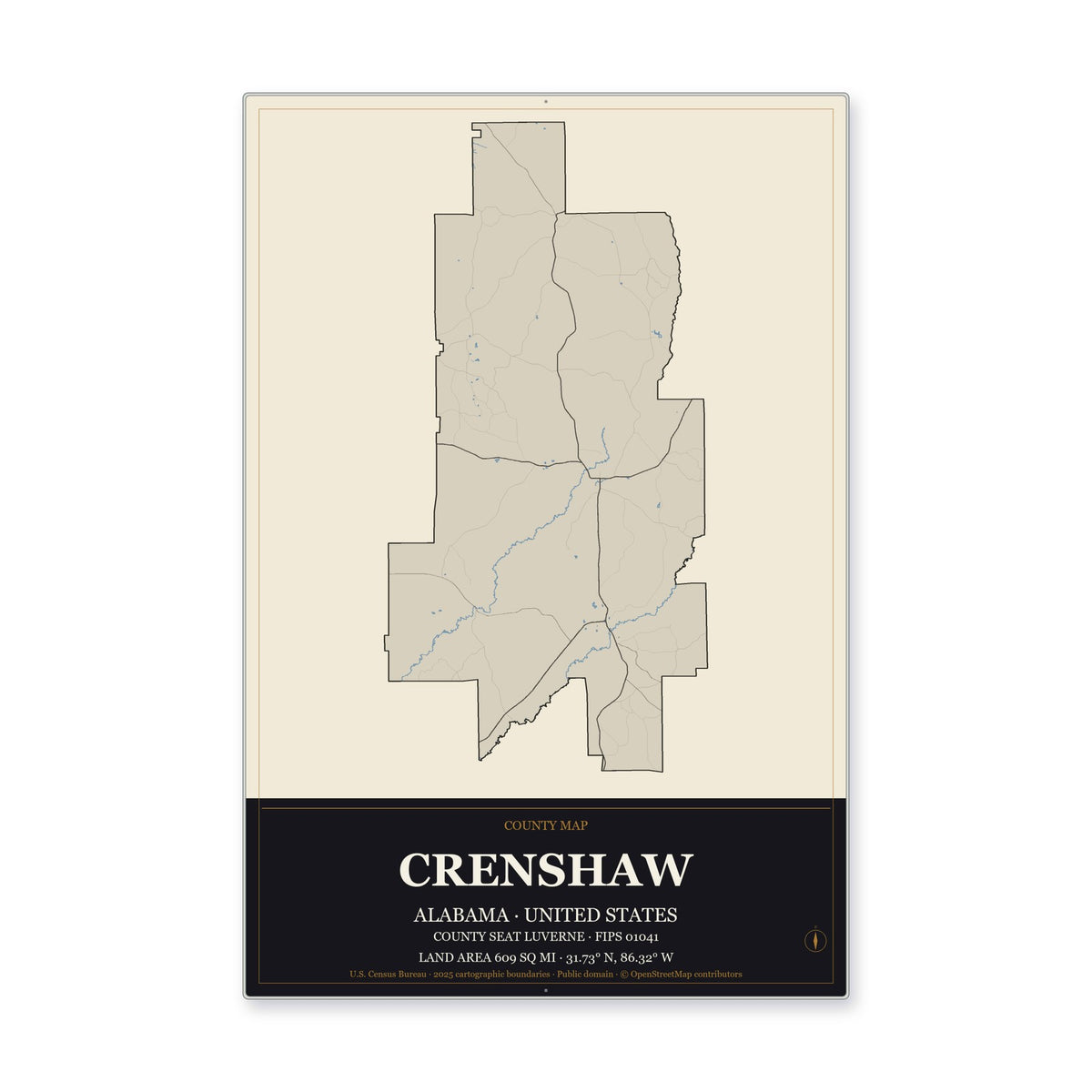Crenshaw County, Alabama Map Aluminum Sign in Museum Plaque style