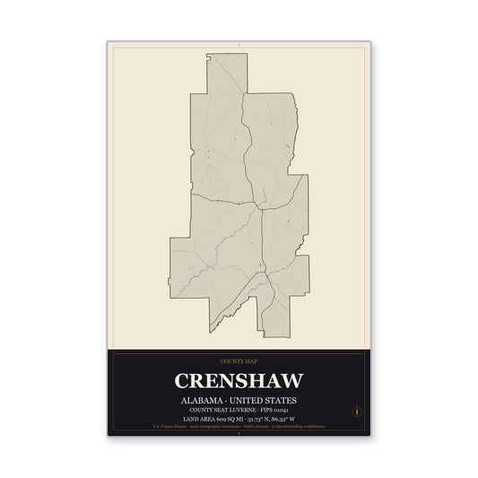 Crenshaw County, Alabama Map Aluminum Sign in Museum Plaque style