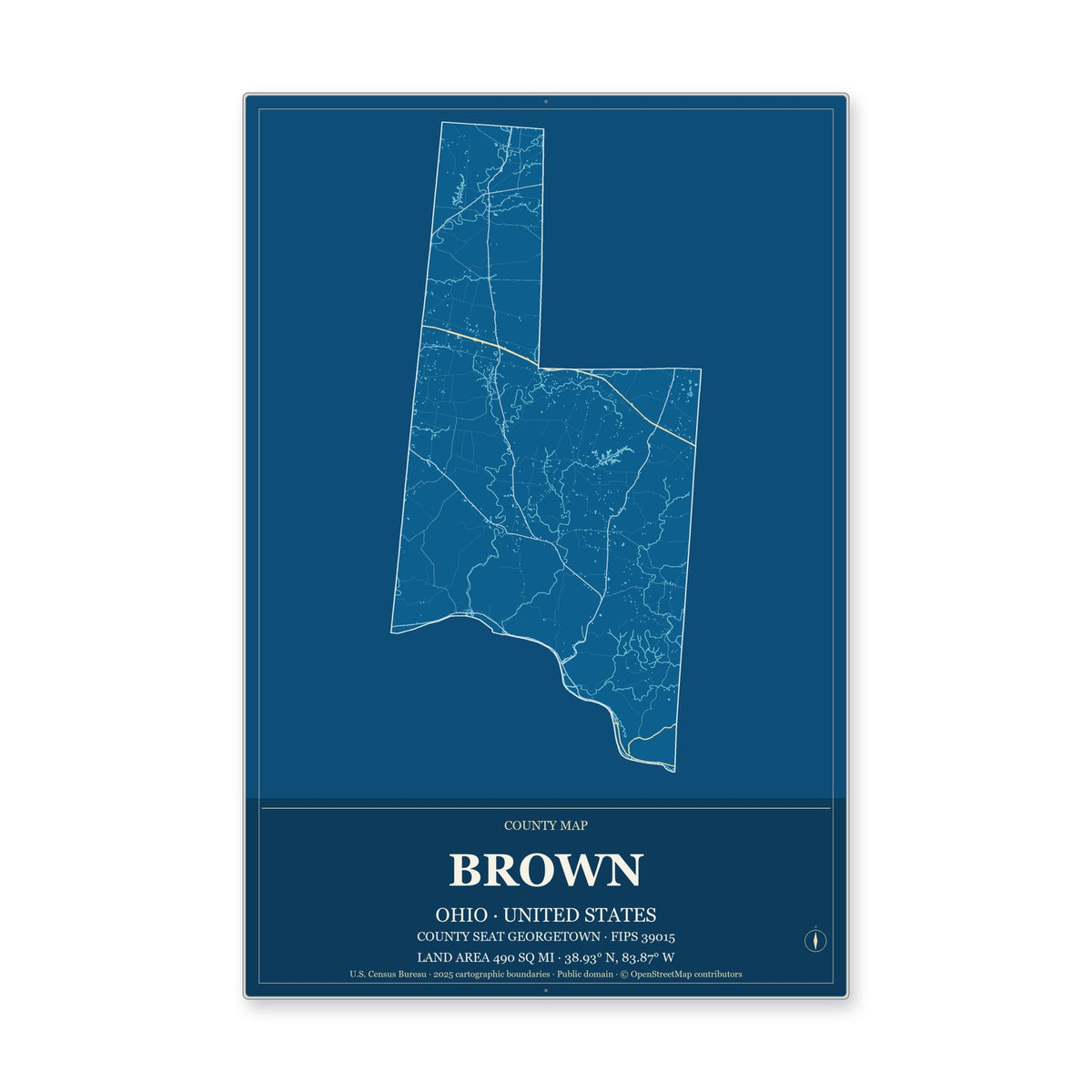 Brown County, Ohio Map Aluminum Sign in Harbor Cobalt style