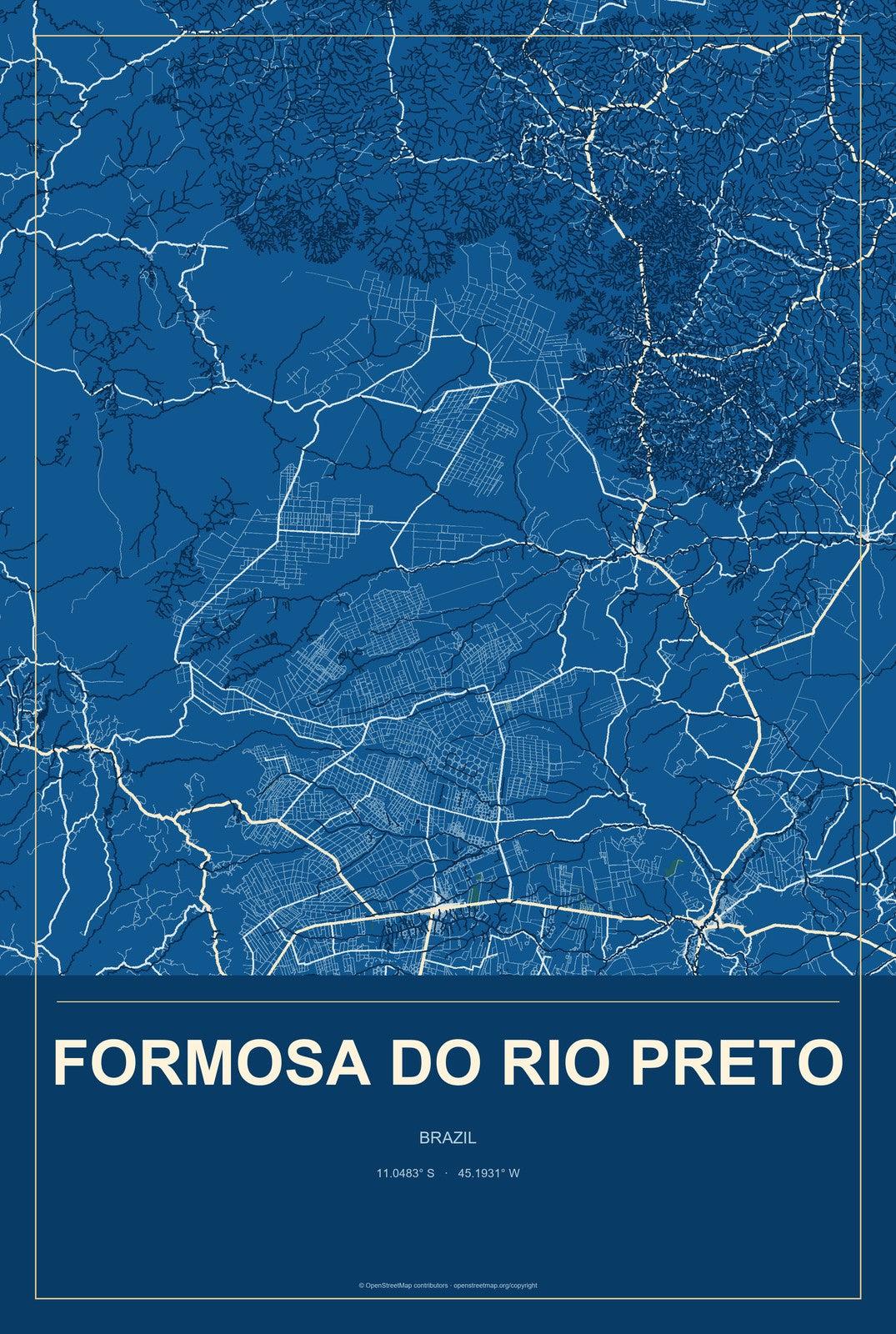 Formosa do Rio Preto, Brazil City Map Aluminum Sign in Harbor Cobalt style