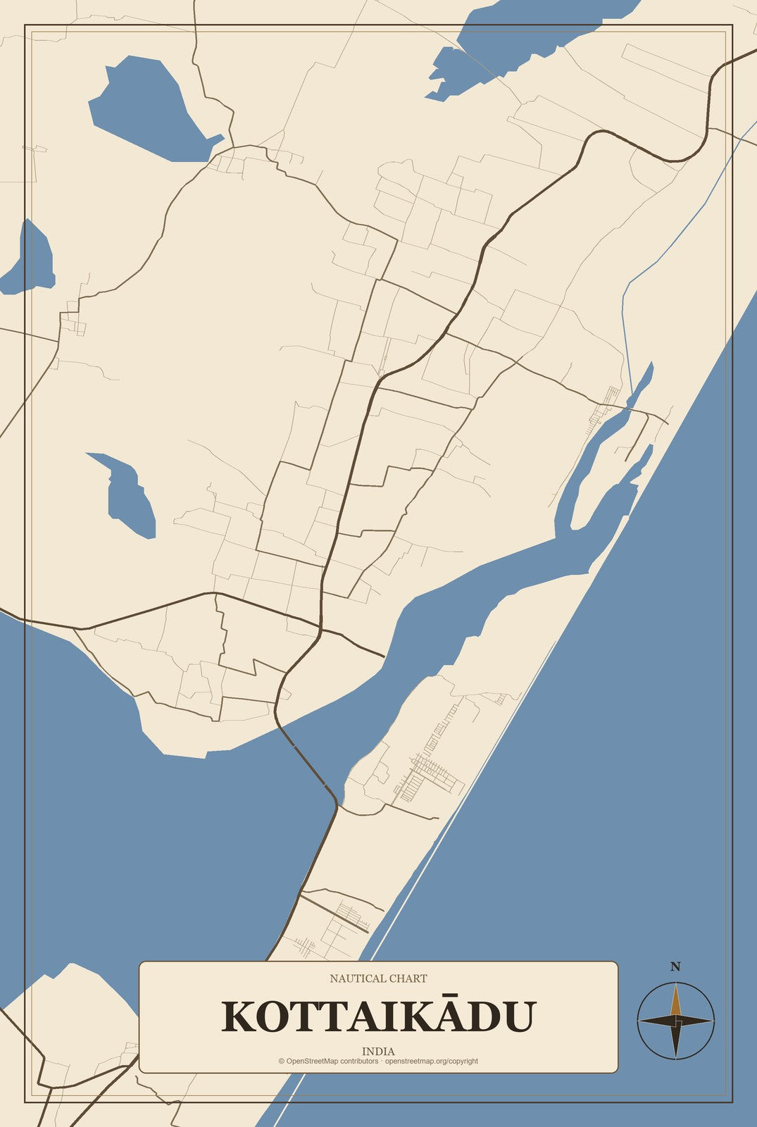 Kottaikādu, India City Map Aluminum Sign in Heritage Nautical style
