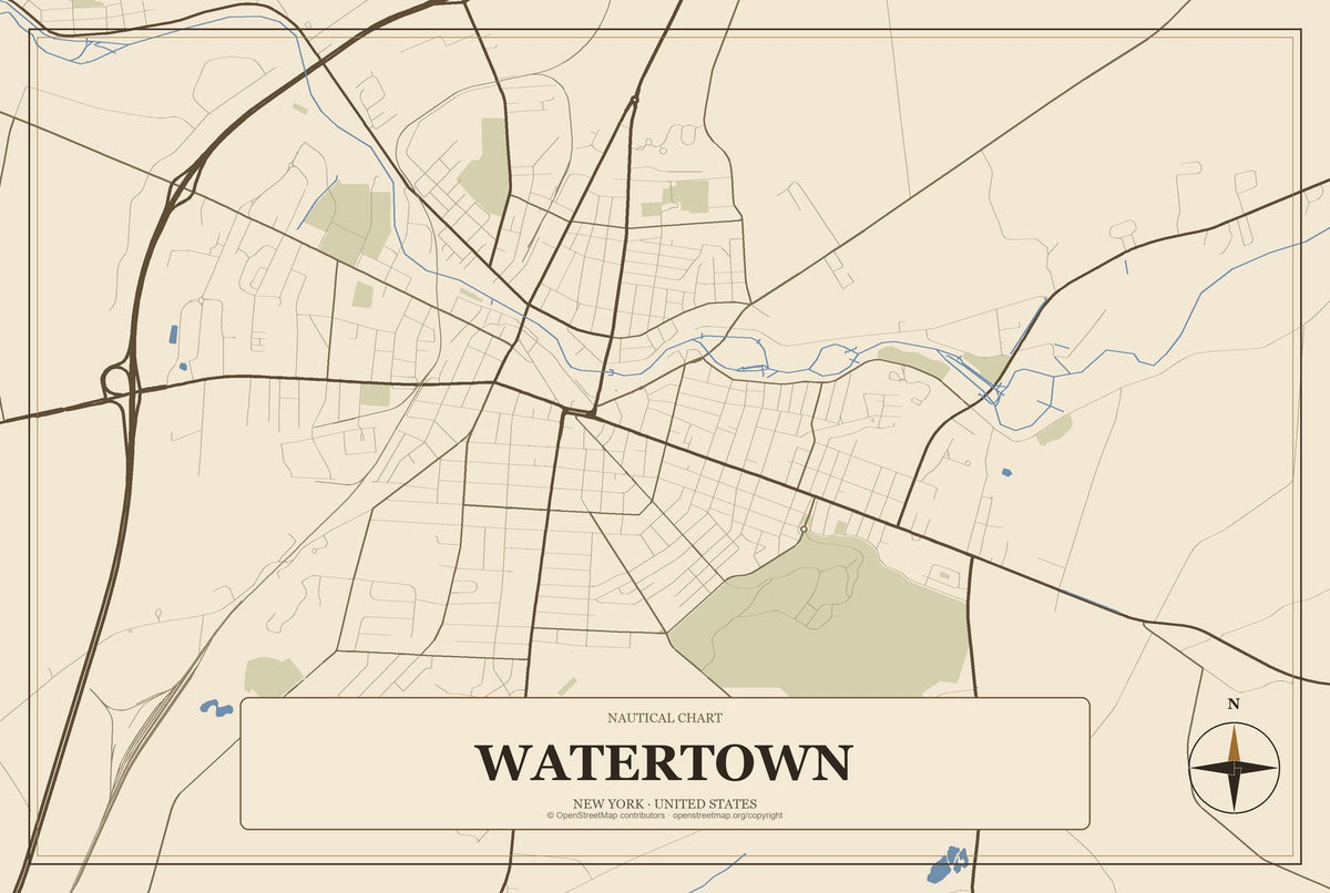 Watertown, New York City Map Aluminum Sign in Heritage Nautical style