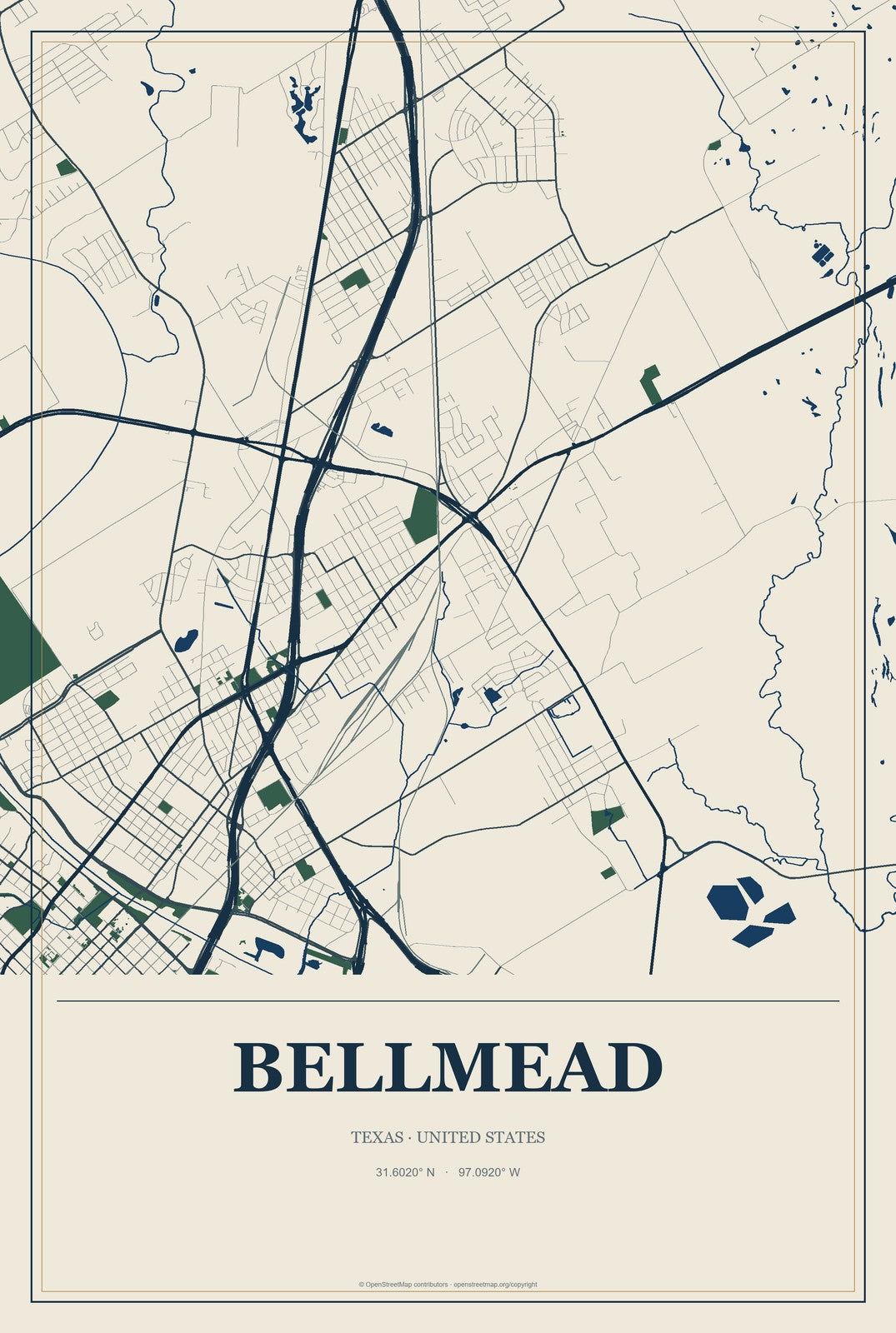 Bellmead, Texas City Map Aluminum Sign in Coastal Cutout style