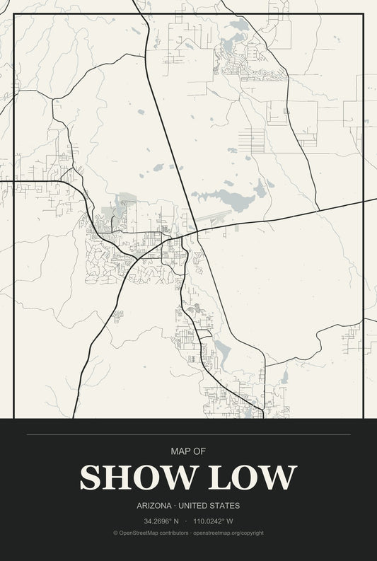 Show Low, Arizona City Map Aluminum Sign in Museum Plaque style