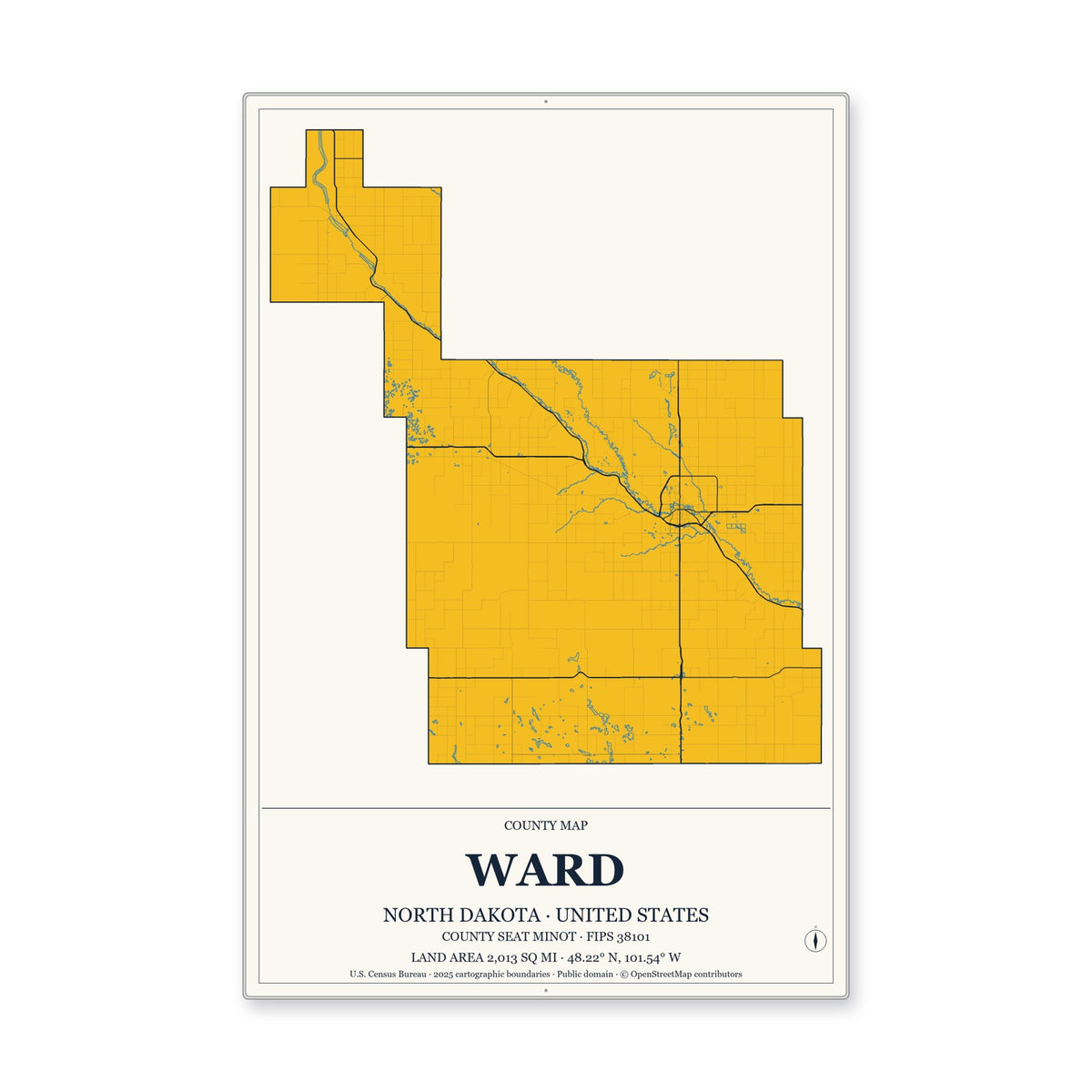 Ward County, North Dakota Map Aluminum Sign in Citrine Modern style
