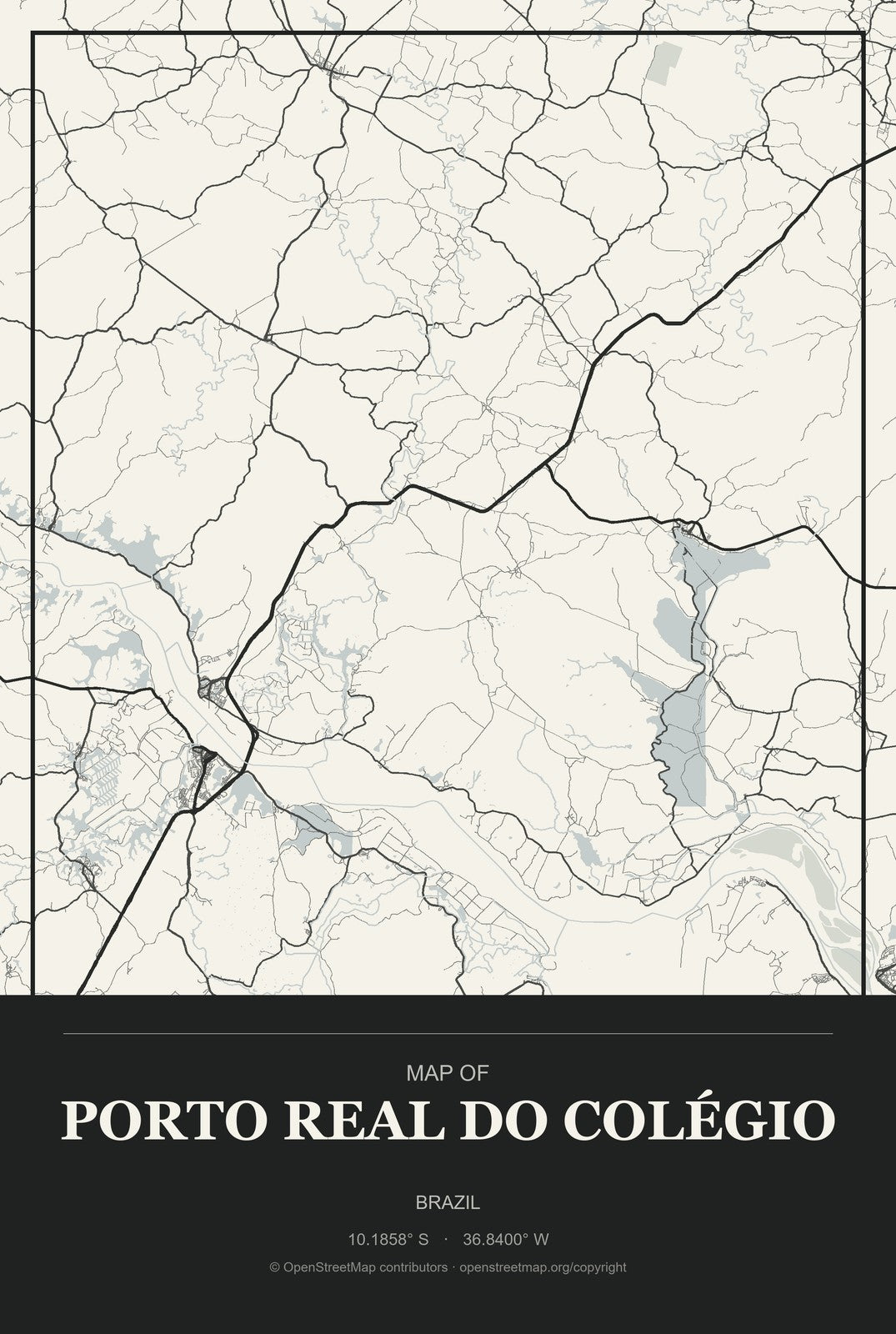 Porto Real do Colégio, Brazil City Map Aluminum Sign in Museum Plaque style