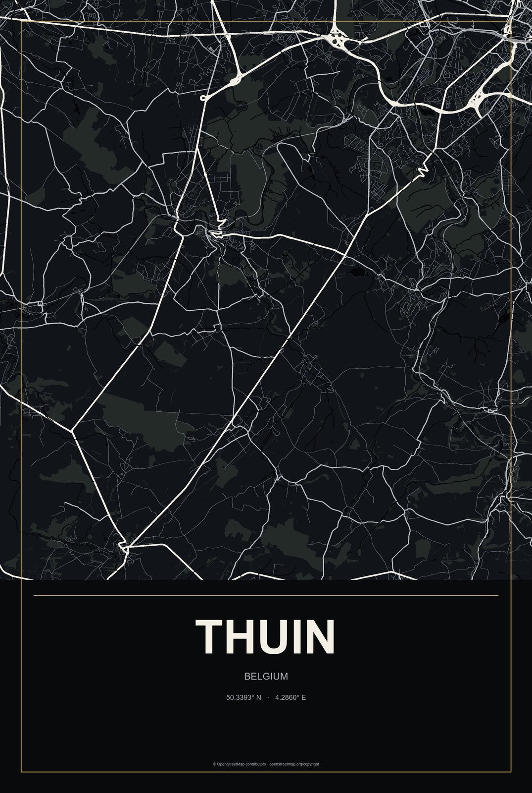 Thuin, Belgium City Map Aluminum Sign in Metropolitan Noir style