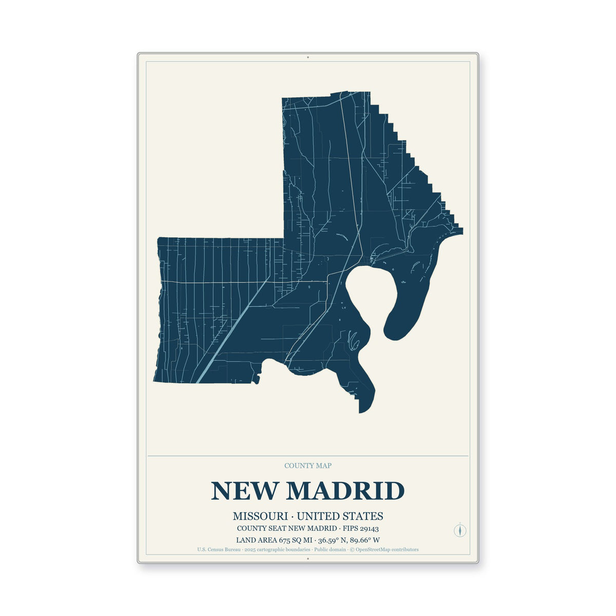 New Madrid County, Missouri Map Aluminum Sign in Coastal Cutout style