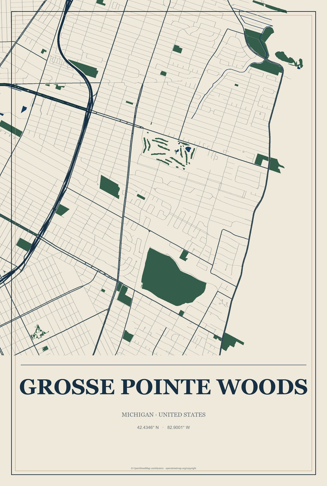 Grosse Pointe Woods, Michigan City Map Aluminum Sign in Coastal Cutout style