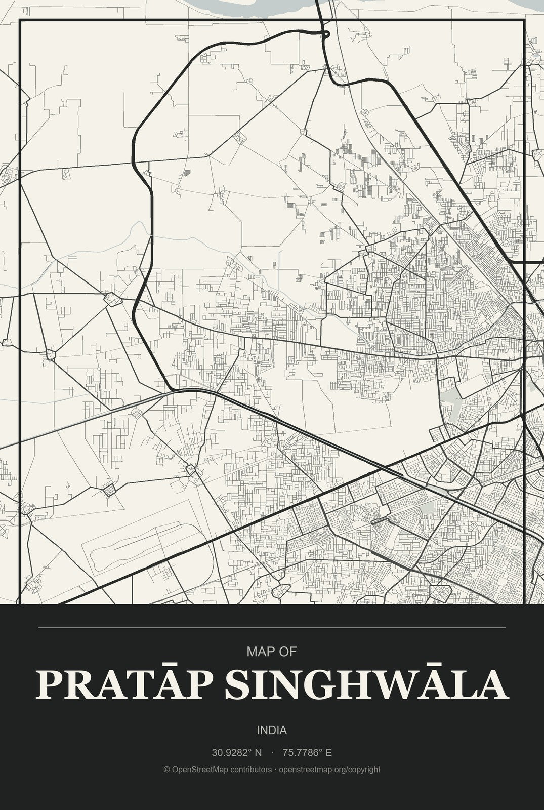 Pratāp Singhwāla, India City Map Aluminum Sign in Museum Plaque style