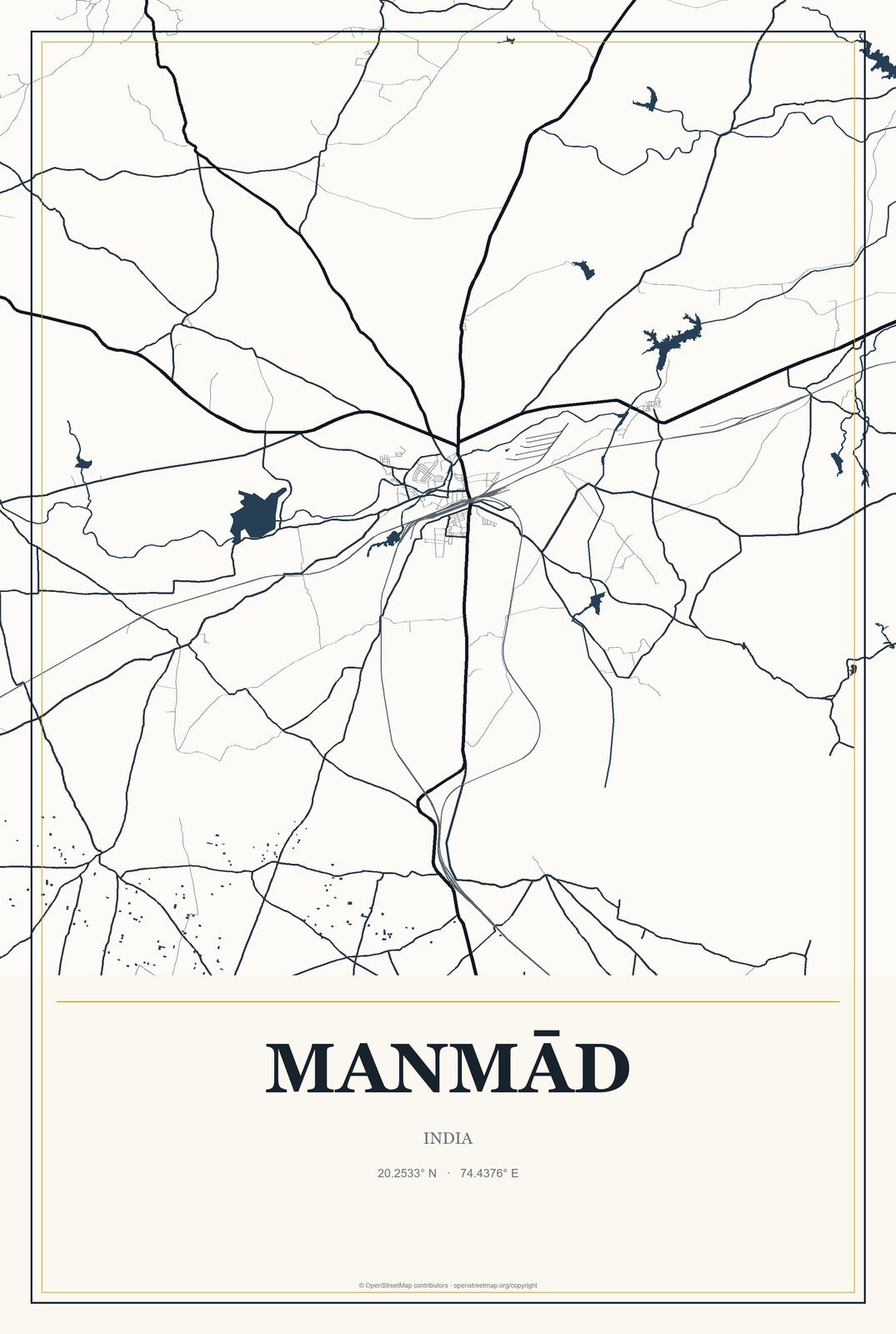 Manmād, India City Map Aluminum Sign in Citrine Modern style