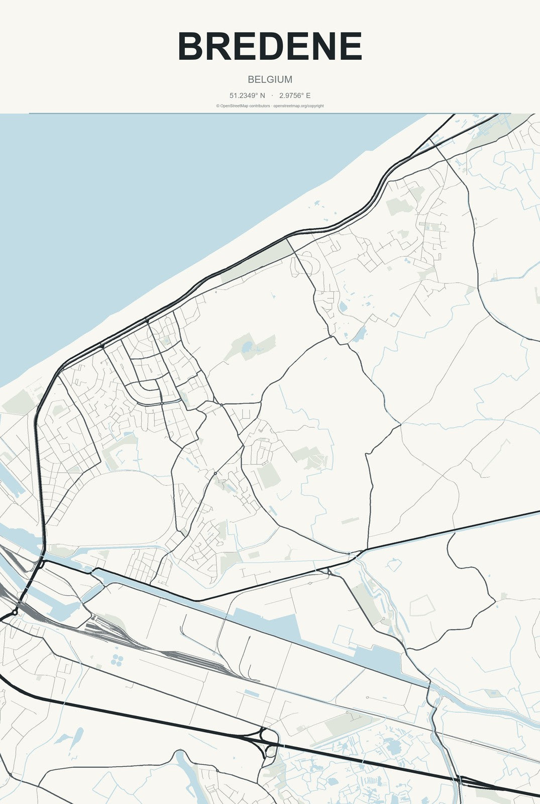 Bredene, Belgium City Map Aluminum Sign in Headline Atlas style