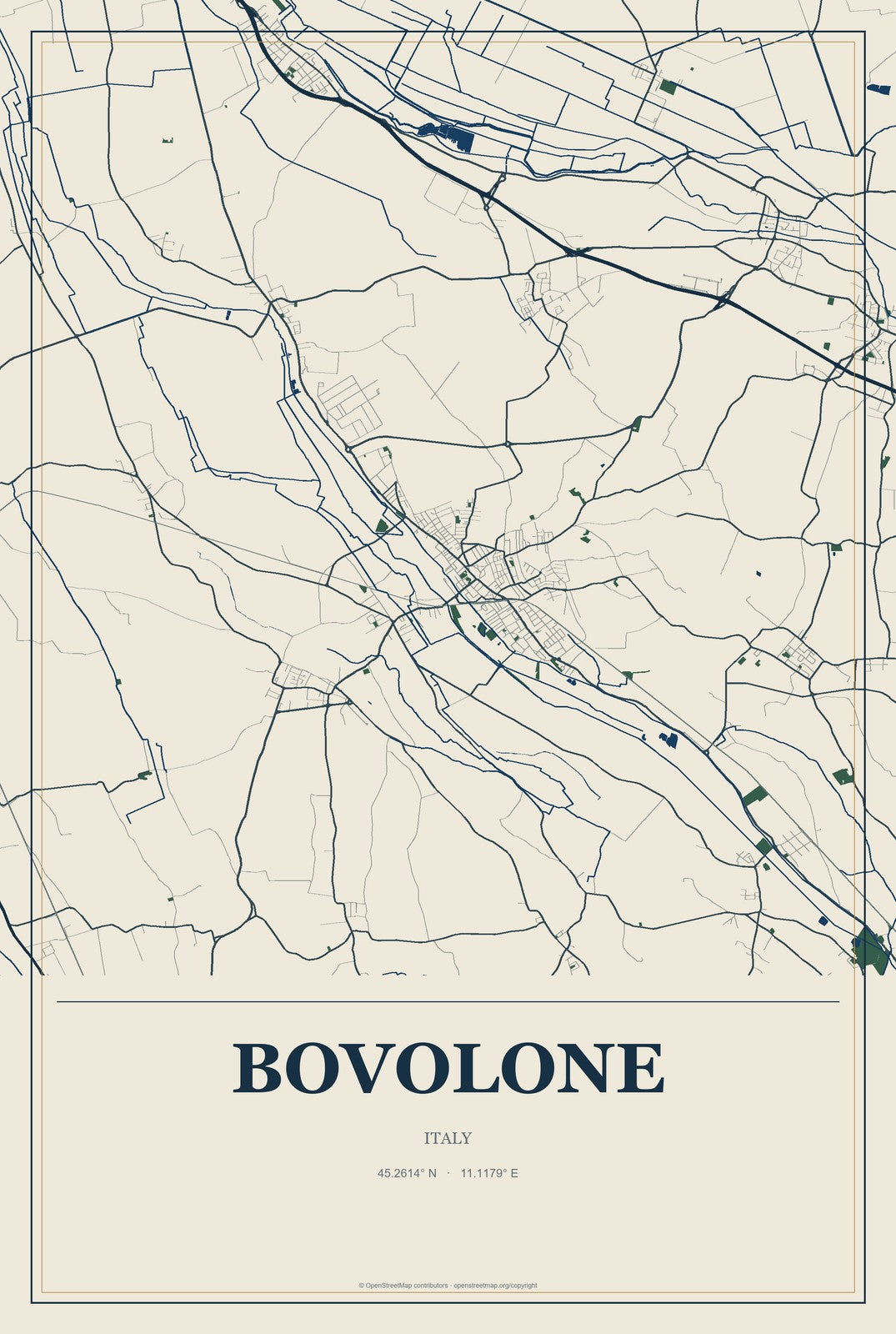 Bovolone, Italy City Map Aluminum Sign in Coastal Cutout style