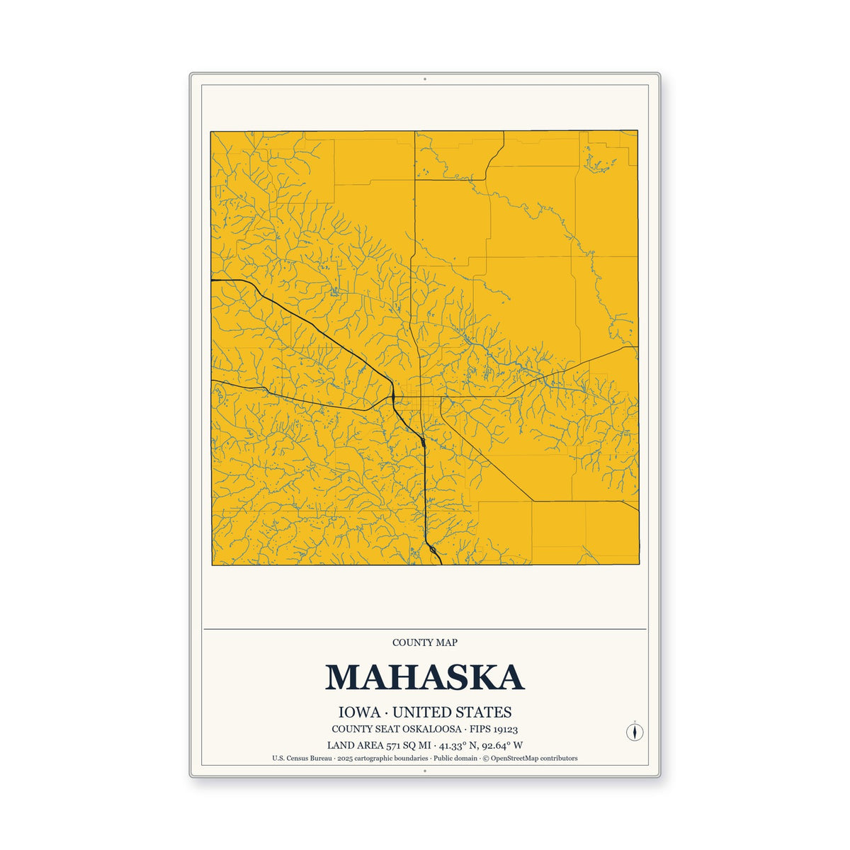 Mahaska County, Iowa Map Aluminum Sign in Citrine Modern style