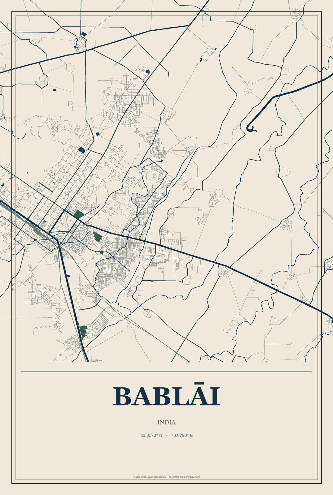 Bablāi, India City Map Aluminum Sign in Coastal Cutout style