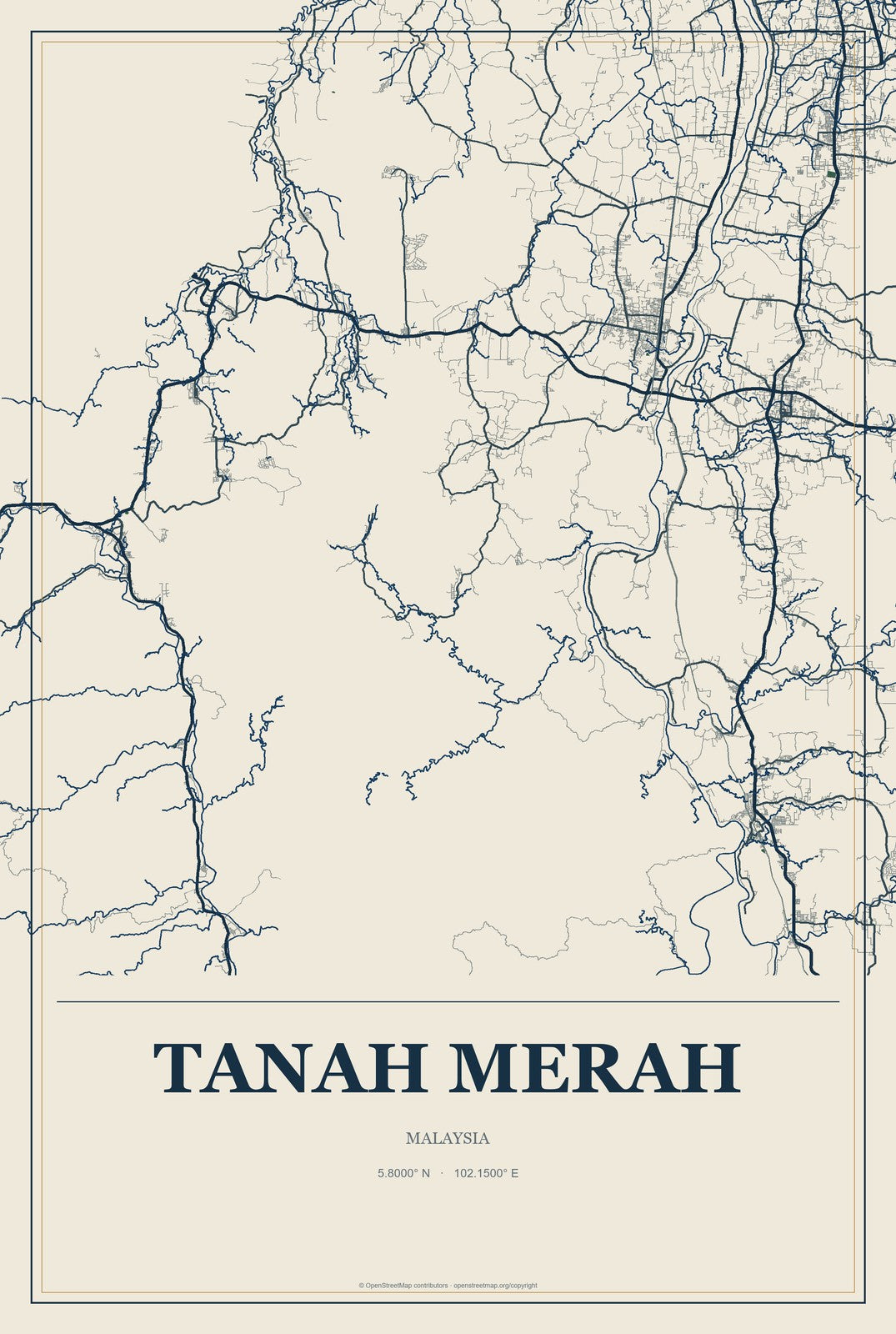 Tanah Merah, Malaysia City Map Aluminum Sign in Coastal Cutout style