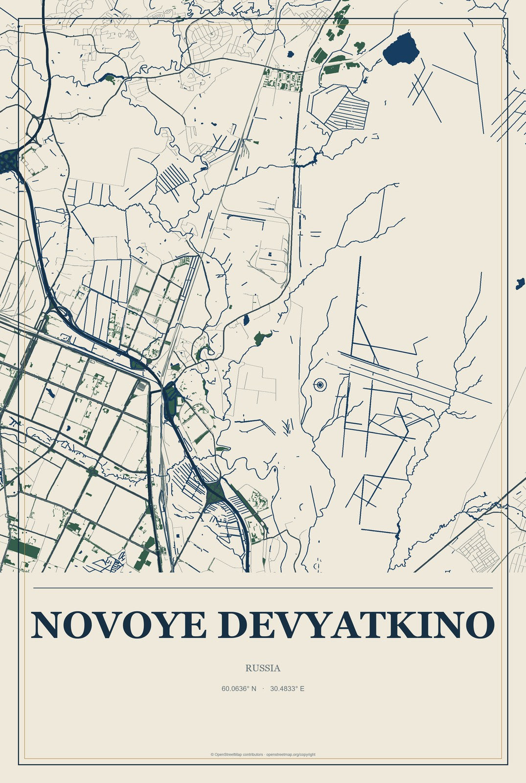 Novoye Devyatkino, Russia City Map Aluminum Sign in Coastal Cutout style