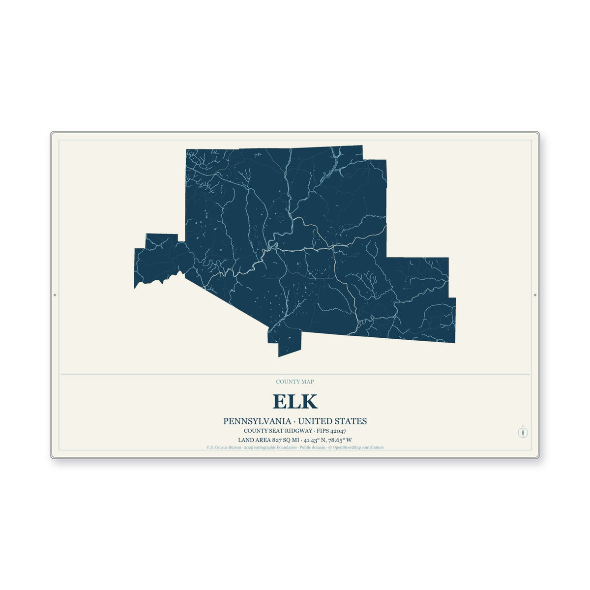 Elk County, Pennsylvania Map Aluminum Sign in Coastal Cutout style