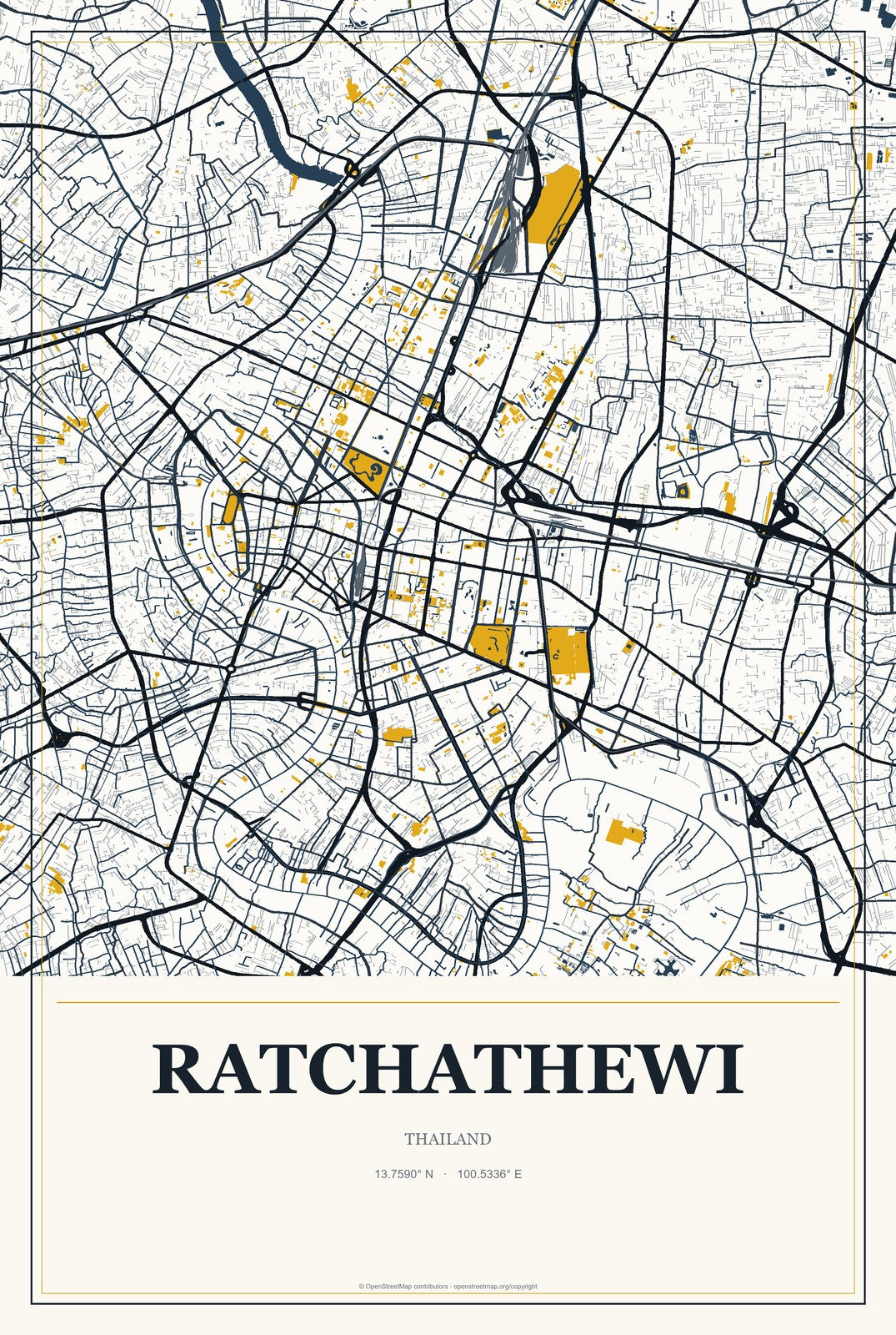 Ratchathewi, Thailand City Map Aluminum Sign in Citrine Modern style