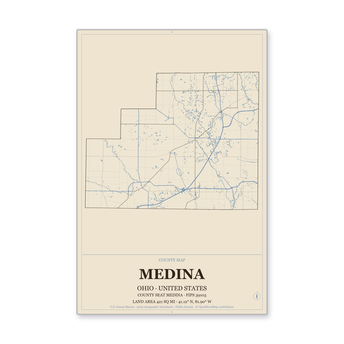 Medina County, Ohio Map Aluminum Sign in Heritage Nautical style