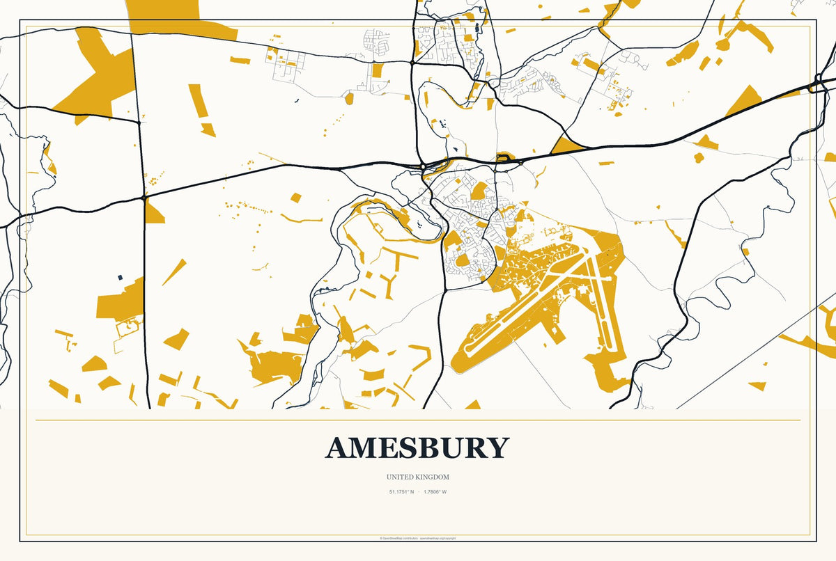 Amesbury, United Kingdom City Map Aluminum Sign in Citrine Modern style