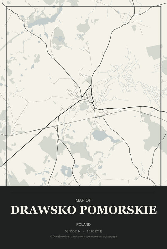 Drawsko Pomorskie, Poland City Map Aluminum Sign in Museum Plaque style
