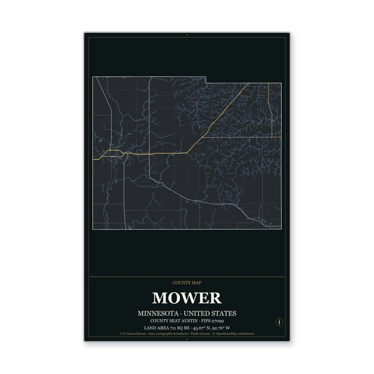 Mower County, Minnesota Map Aluminum Sign in Metropolitan Noir style