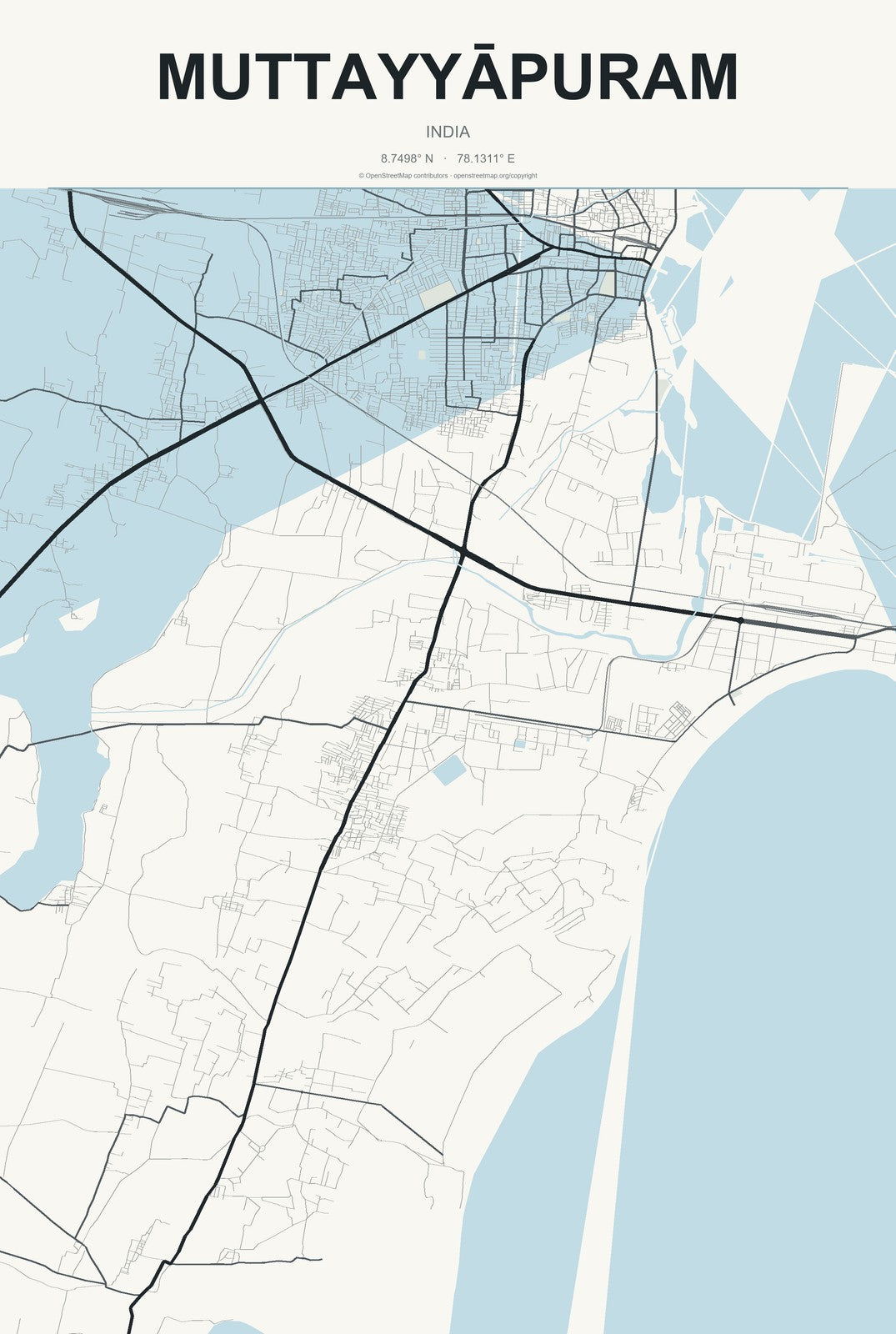 Muttayyāpuram, India City Map Aluminum Sign in Headline Atlas style