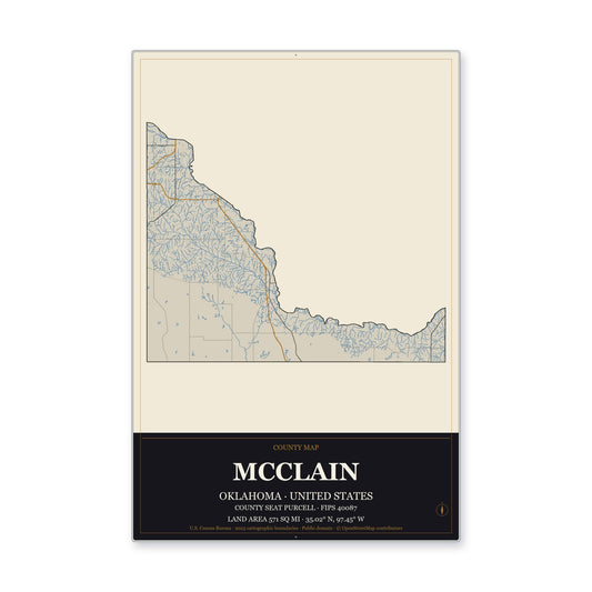 McClain County, Oklahoma Map Aluminum Sign in Museum Plaque style