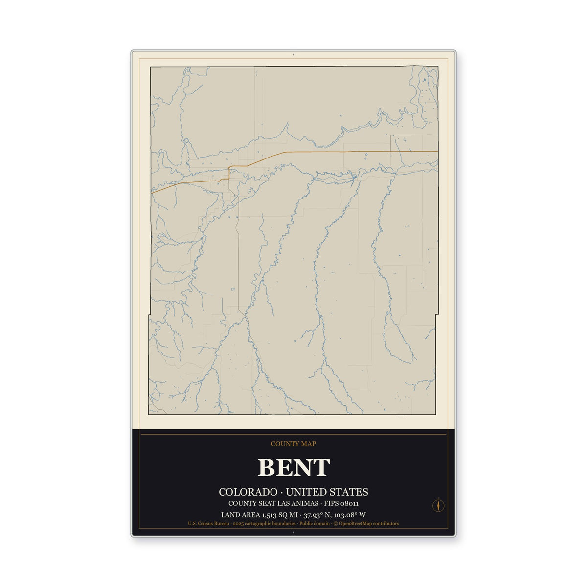 Bent County, Colorado Map Aluminum Sign in Museum Plaque style