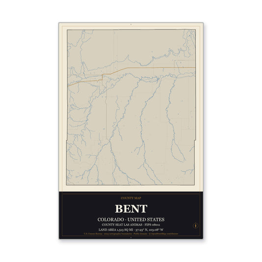 Bent County, Colorado Map Aluminum Sign in Museum Plaque style
