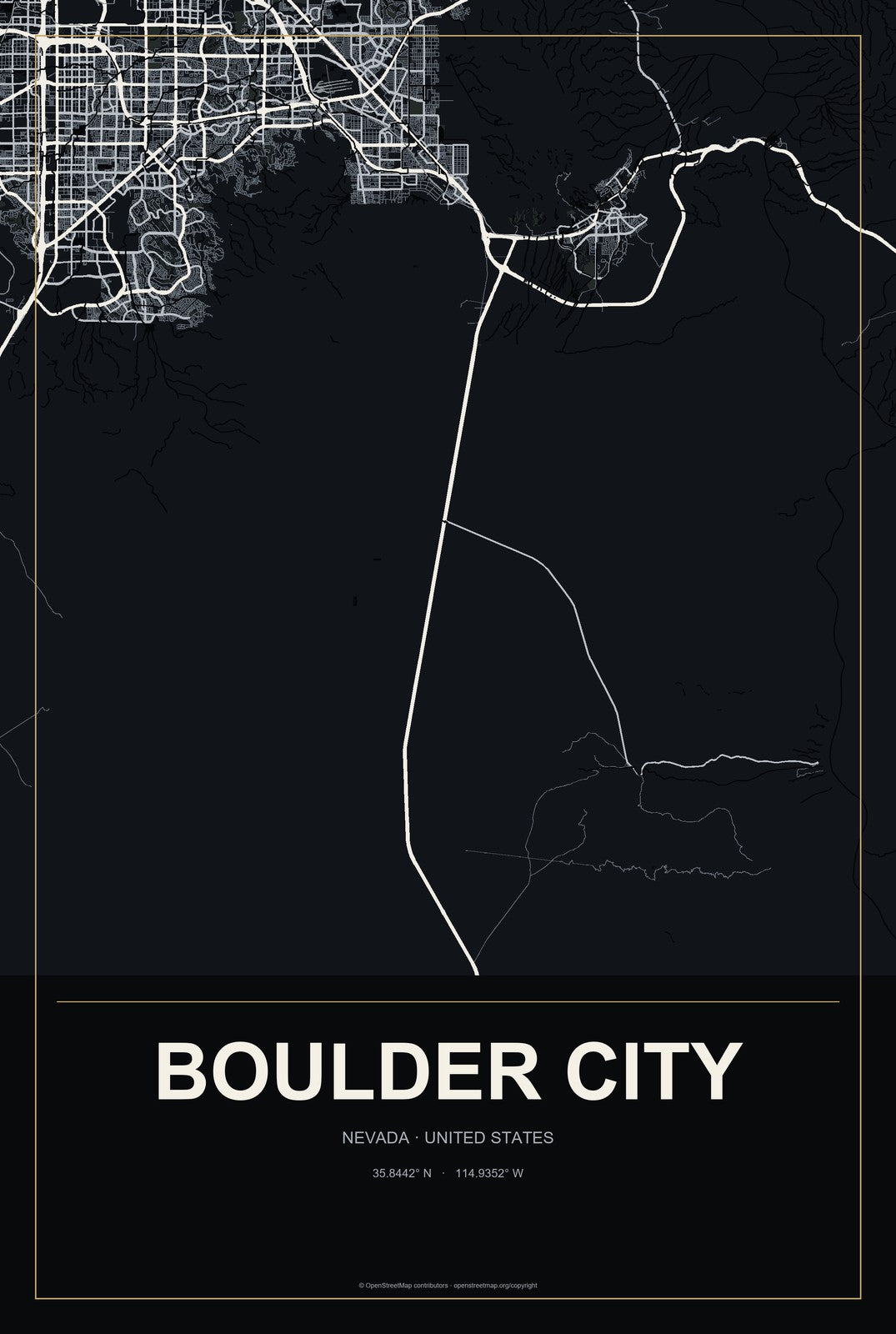 Boulder City, Nevada City Map Aluminum Sign in Metropolitan Noir style