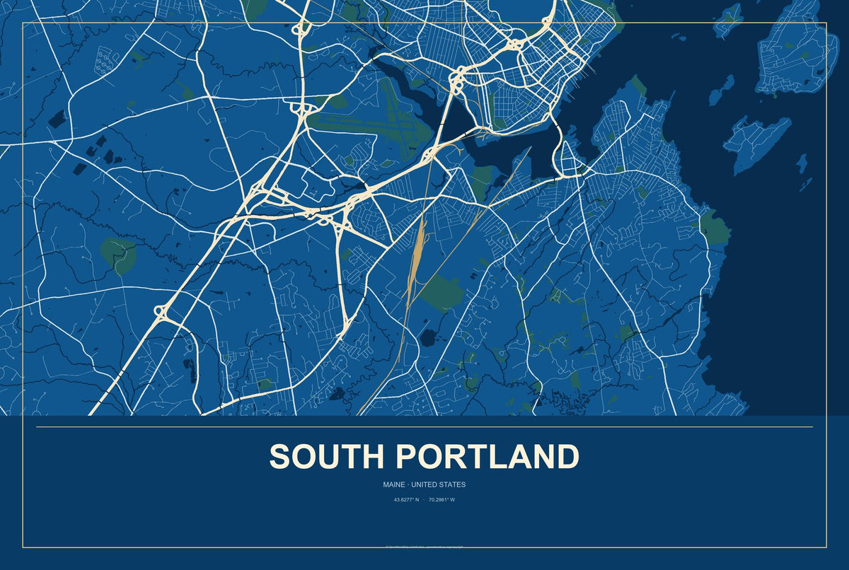 South Portland, Maine City Map Aluminum Sign in Harbor Cobalt style