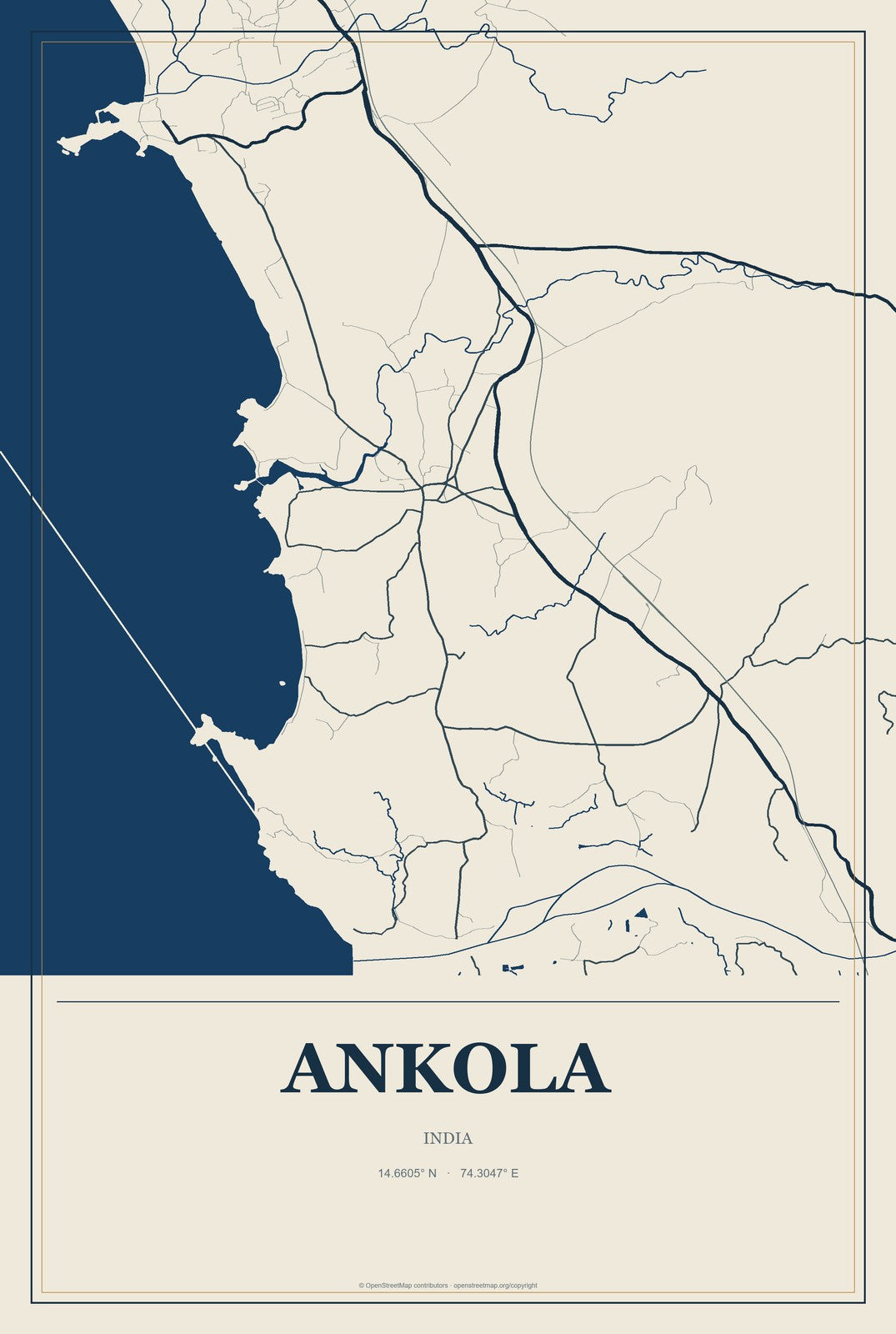 Ankola, India City Map Aluminum Sign in Coastal Cutout style
