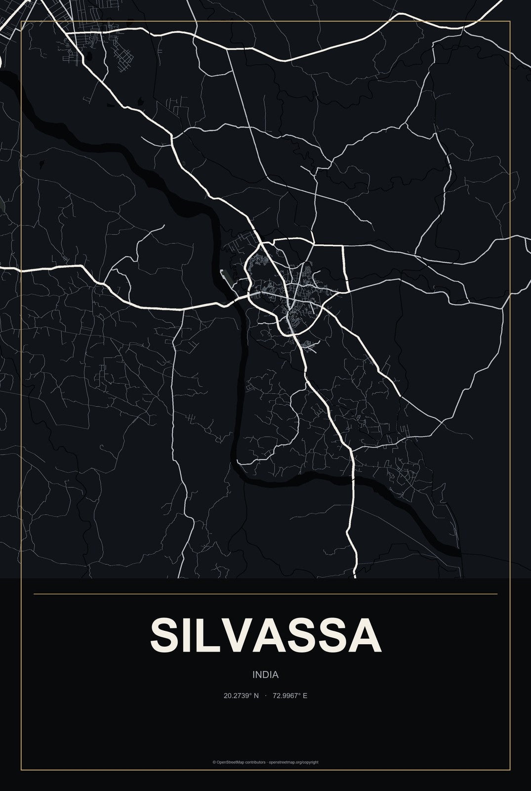 Silvassa, India City Map Aluminum Sign in Metropolitan Noir style
