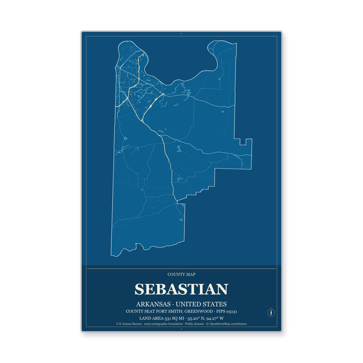 Sebastian County, Arkansas Map Aluminum Sign in Harbor Cobalt style