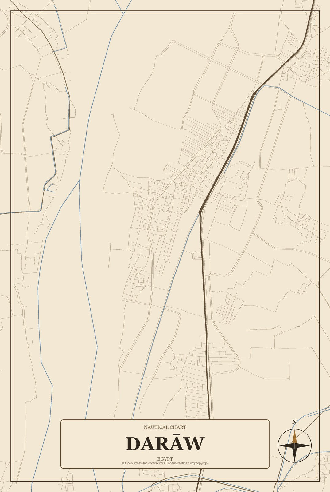 Darāw, Egypt City Map Aluminum Sign in Heritage Nautical style