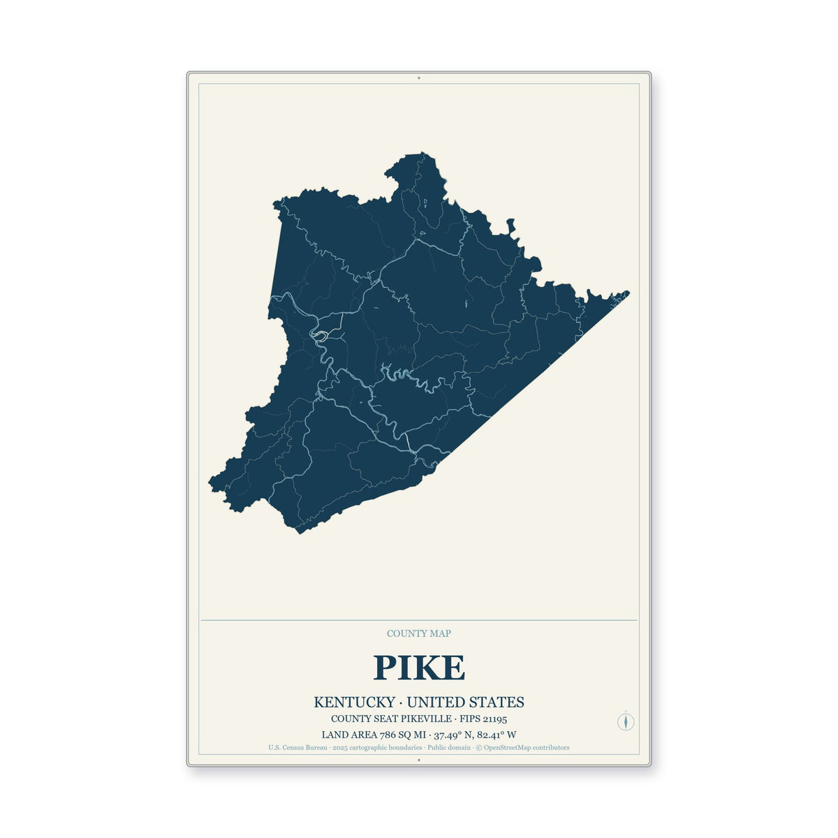 Pike County, Kentucky Map Aluminum Sign in Coastal Cutout style