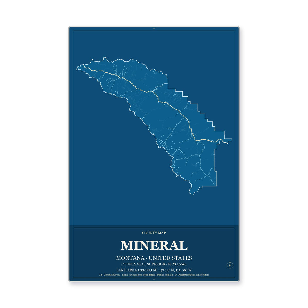 Mineral County, Montana Map Aluminum Sign in Harbor Cobalt style