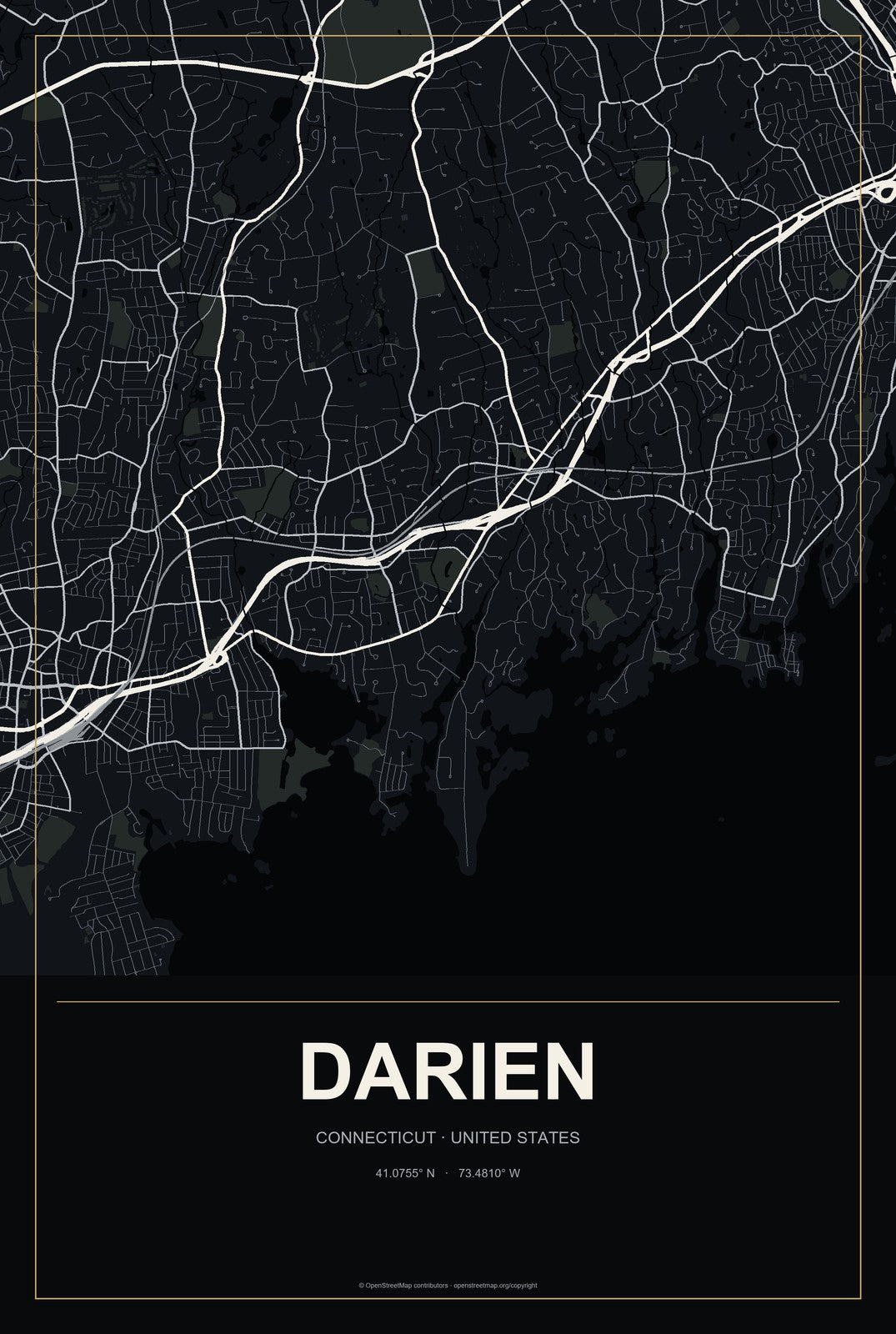 Darien, Connecticut City Map Aluminum Sign in Metropolitan Noir style