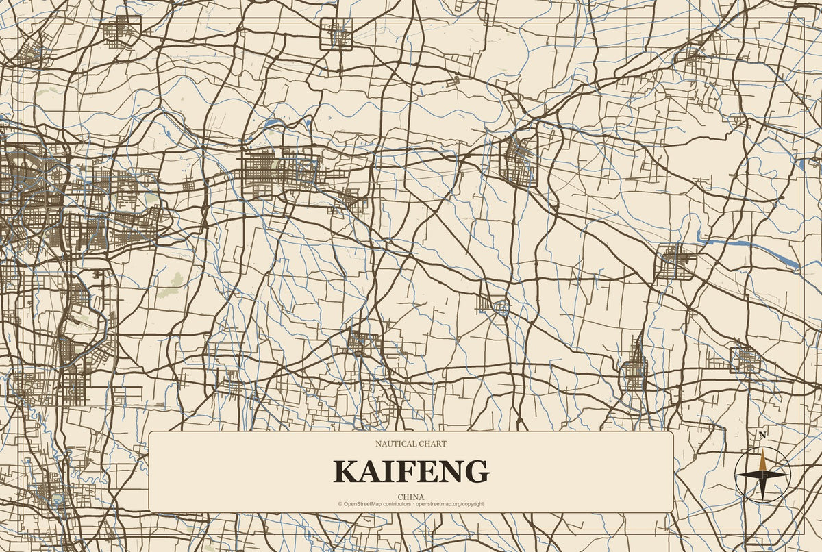 Kaifeng, China City Map Aluminum Sign in Heritage Nautical style