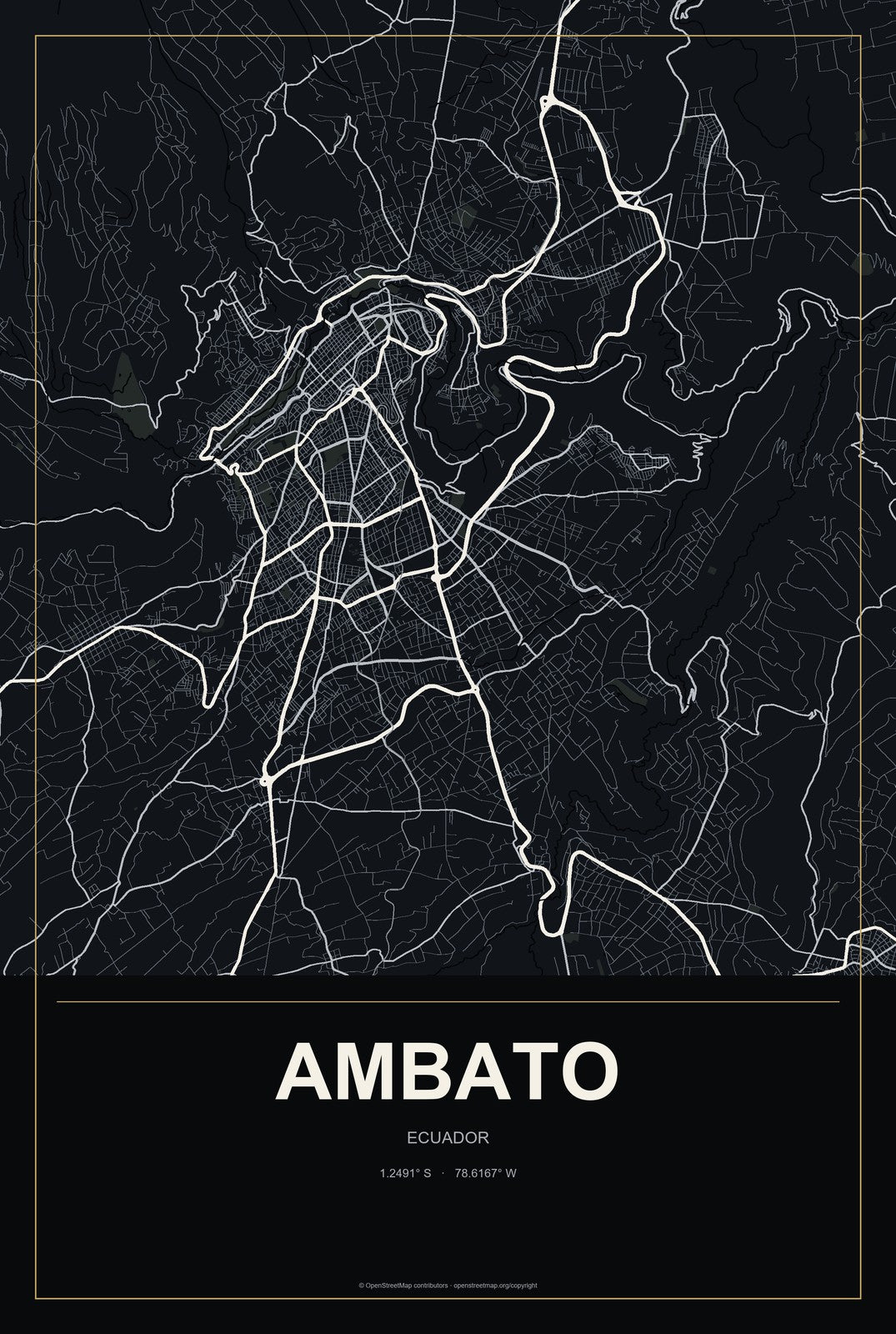 Ambato, Ecuador City Map Aluminum Sign in Metropolitan Noir style