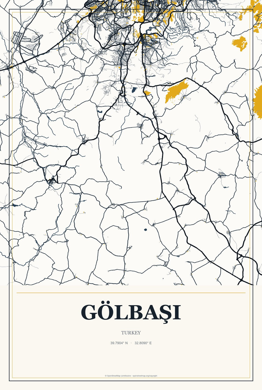 Gölbaşı, Ankara, Turkey City Map Aluminum Sign in Citrine Modern style